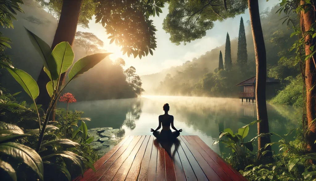 A serene outdoor scene featuring a person practicing mindfulness meditation on a wooden deck overlooking a tranquil lake, surrounded by lush greenery and soft morning sunlight. The peaceful environment symbolizes cognitive enhancement through relaxation, stress reduction, and deep mental clarity.