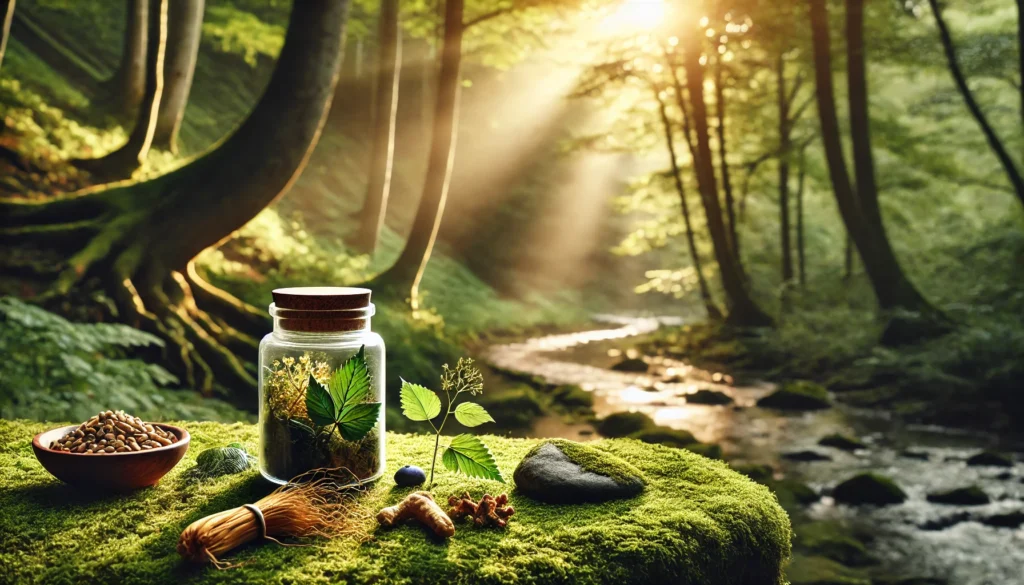 A serene forest path bathed in soft morning light, symbolizing mental clarity. A glass jar with herbal supplements like ginseng and L-theanine sits on a moss-covered rock, evoking calmness and cognitive balance.