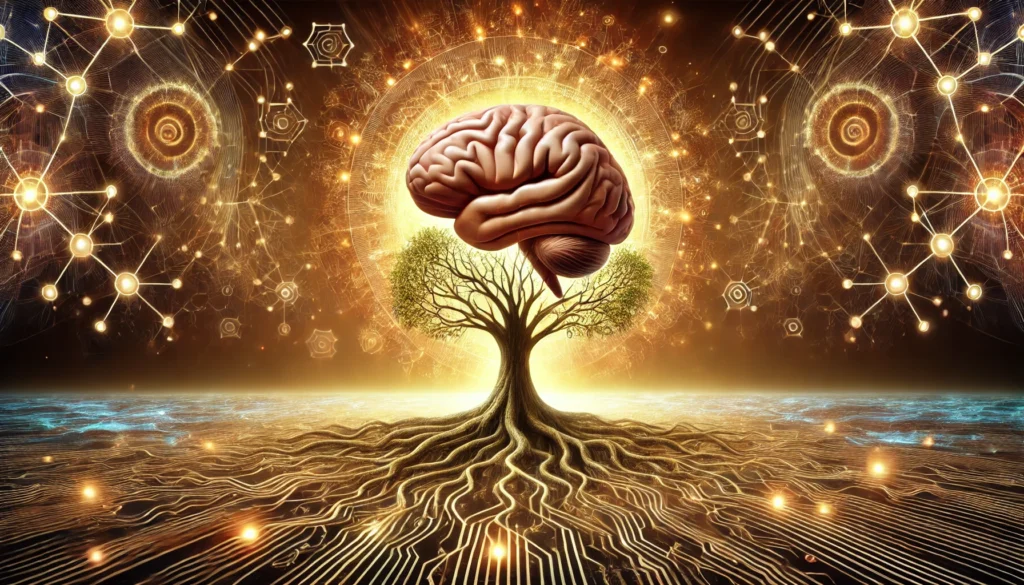 A symbolic visualization of keeping the brain sharp with age. A tree with a glowing brain-shaped canopy, its roots extending deep into an abstract background of neural circuits and golden energy waves. The scene represents wisdom, cognitive vitality, and lifelong mental strength.