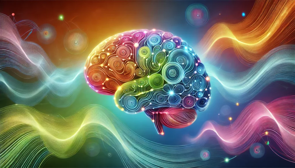 Glowing brain with vibrant interconnected neural pathways surrounded by colorful swirling waves, representing different study methods to strengthen neural connections and improve cognitive development.