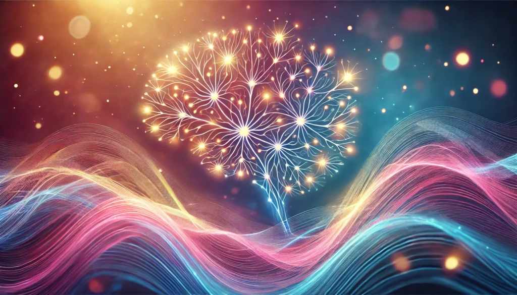 Interconnected glowing neurons forming a complex network with soft colorful waves, illustrating cognitive enhancement, improved memory retention, and effective learning through various study techniques.