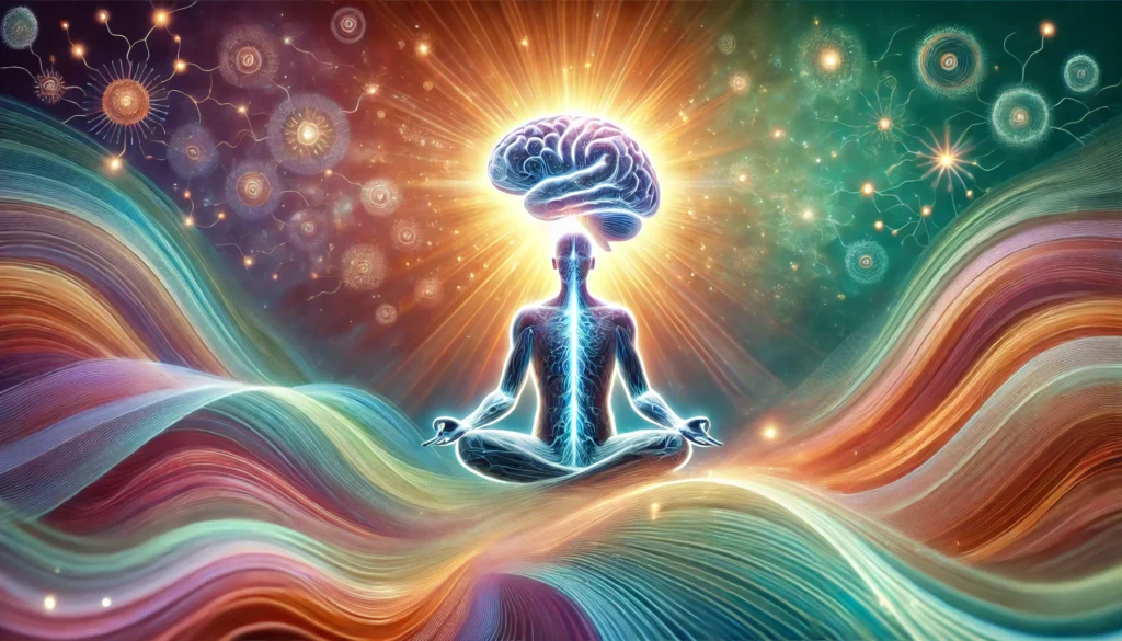 Person meditating with a glowing brain and illuminated neural pathways extending outward, surrounded by colorful waves symbolizing knowledge retention, cognitive clarity, and enhanced recall through study practices.