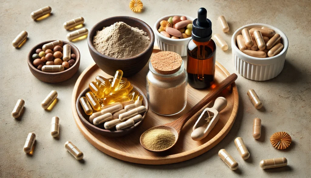 A visually appealing arrangement of nootropic supplements, including powdered adaptogens in a wooden spoon, a glass dropper bottle with a herbal extract, and a bowl of unbranded, generic supplement capsules on a neutral-toned background.