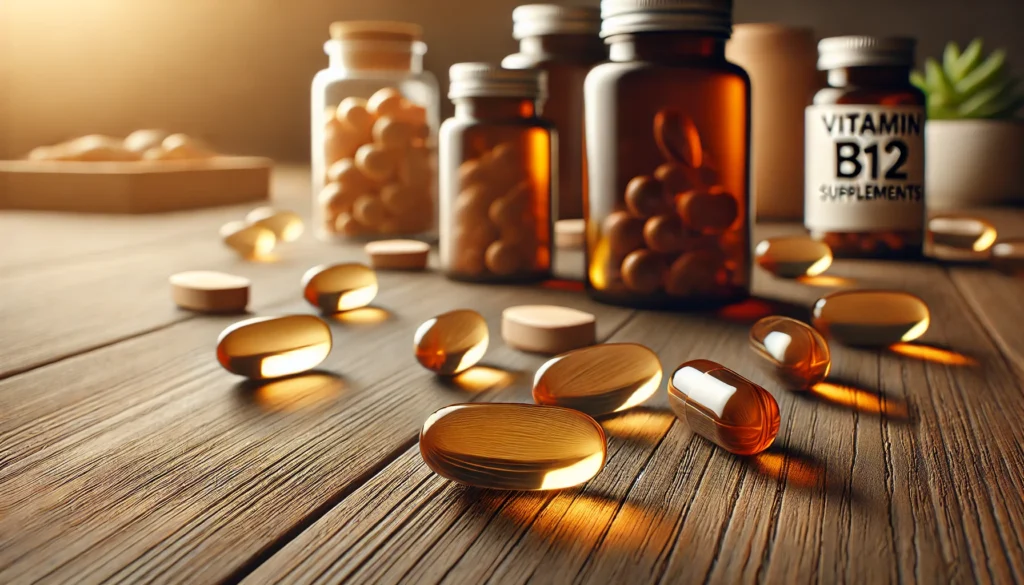 A close-up of vitamin B12 supplements in soft gel capsules and tablets, arranged on a wooden surface. The glossy finish of the capsules reflects light, with a clean, minimalistic setting emphasizing their role in brain health and nutrition.