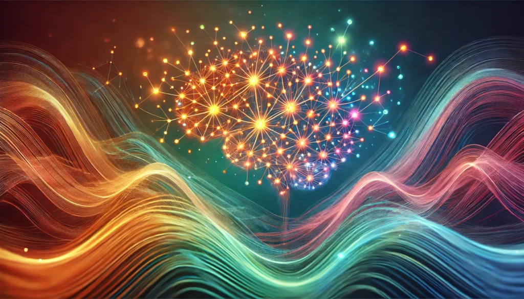 Interconnected glowing neurons forming new connections with colorful swirling waves, representing neural pathway strengthening, knowledge absorption, and improved cognitive function during learning.