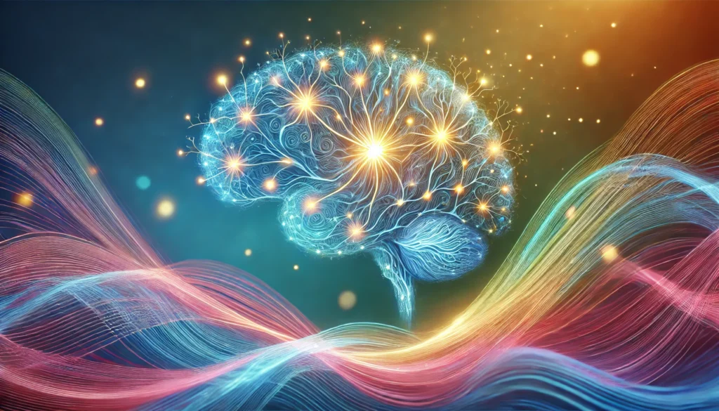 Brain with interconnected glowing neurons and radiant lines forming new neural pathways, surrounded by soft colorful waves symbolizing memory enhancement and cognitive development through learning.