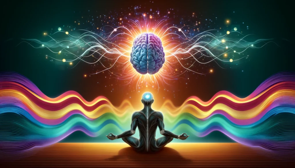 Person meditating with a glowing brain forming new neural connections, surrounded by colorful waves representing strengthened neural pathways, knowledge retention, and mental clarity during the learning process.