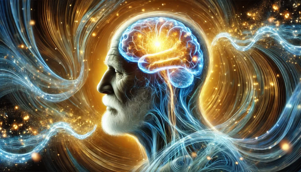 An artistic representation of lifelong cognitive sharpness. A wise elderly figure with a transparent head, revealing an illuminated brain with glowing neural pathways. The background consists of swirling blue and gold energy waves, symbolizing mental agility, memory preservation, and brain health as one ages.