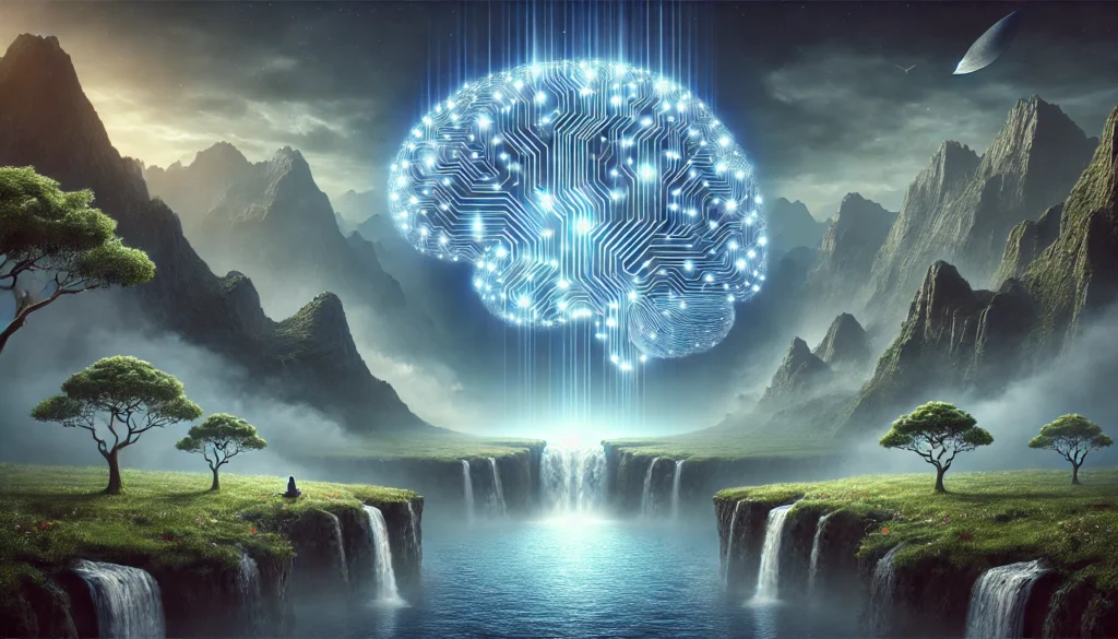 A surreal representation of brain health and cognitive enhancement. A luminous brain formed of glowing neural circuits hovers over a peaceful Zen-inspired landscape with cascading waterfalls and misty mountains, evoking deep mental focus, clarity, and inner peace.