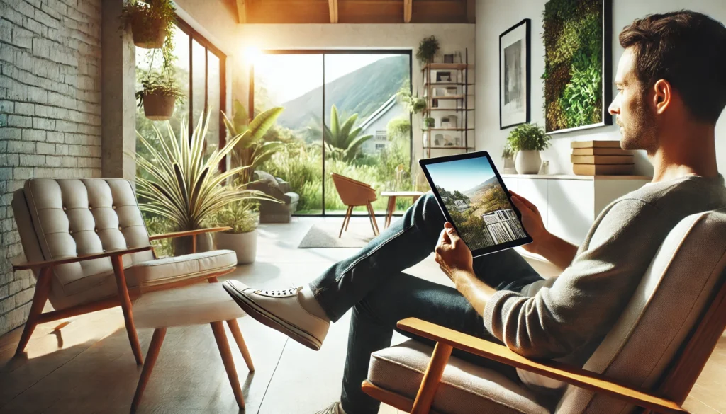 A person holding a tablet while relaxing in a modern armchair, surrounded by a bright and stylish living space with plants and natural light.