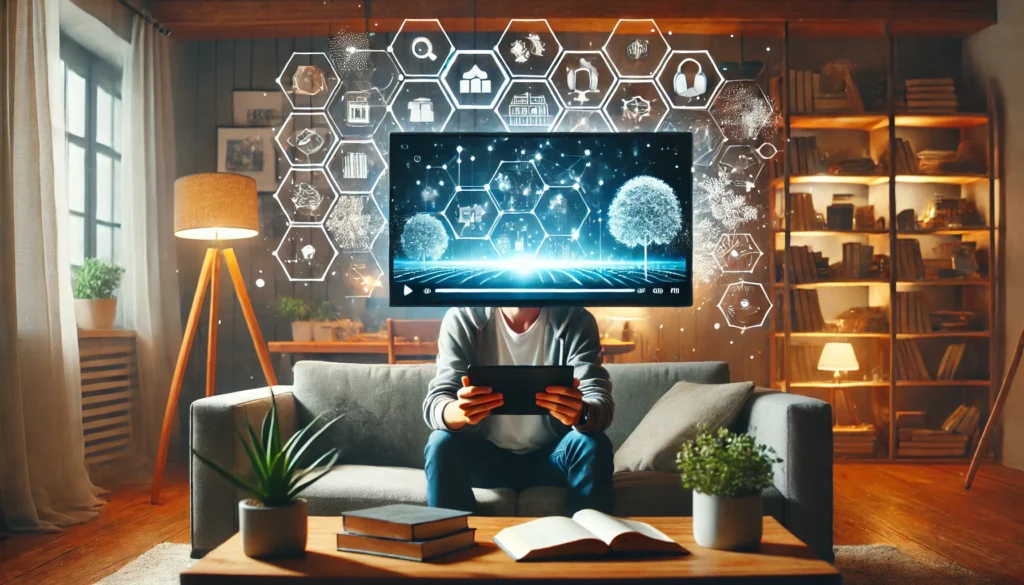 A person sitting on a couch with headphones, watching a video on a tablet, surrounded by a modern, cozy living room with books and plants.