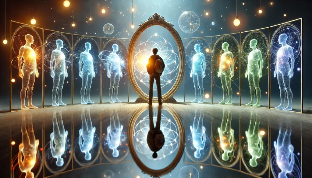 A serene scene of a person standing in front of a mirror reflecting multiple versions of themselves, each glowing in different colors. The image symbolizes self-reflection and understanding personality traits through the lens of habits.