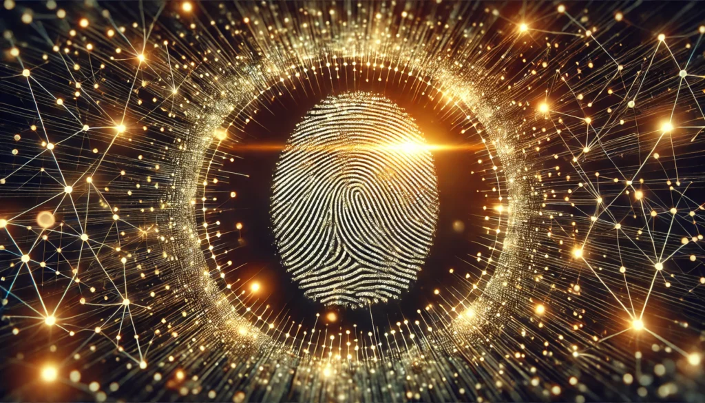 A glowing fingerprint surrounded by intricate patterns of interconnected lights, symbolizing individuality and the unique connection between personality and habit formation.