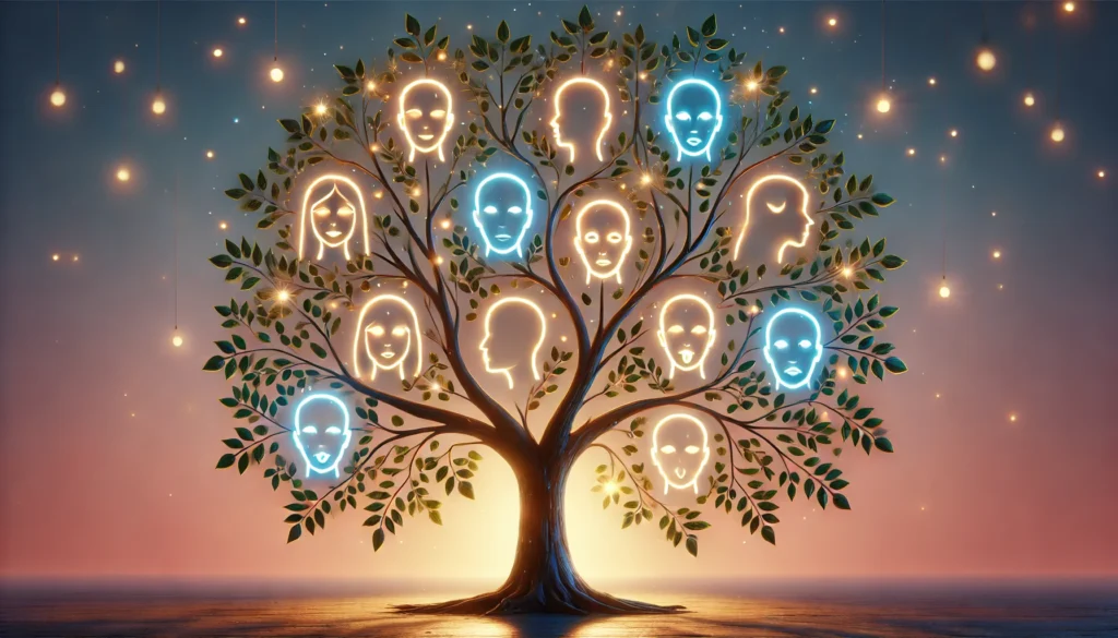A symbolic tree with glowing leaves shaped like human faces, where each branch represents a habit influencing personality. The soft gradient background emphasizes growth, individuality, and self-discovery through habits.
