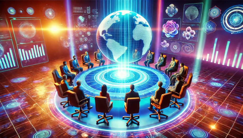 A vibrant virtual meeting scene with diverse avatars seated around a glowing circular table in a futuristic digital environment. The image symbolizes collaboration and engagement within an online community focused on sharing atomic habits.