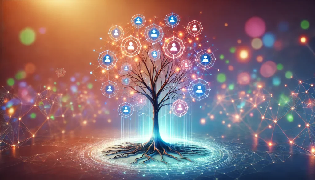 A glowing tree with branches forming interconnected nodes, symbolizing the growth and sharing of knowledge within an online community. The soft gradient background adds vibrancy and emphasizes collective progress.