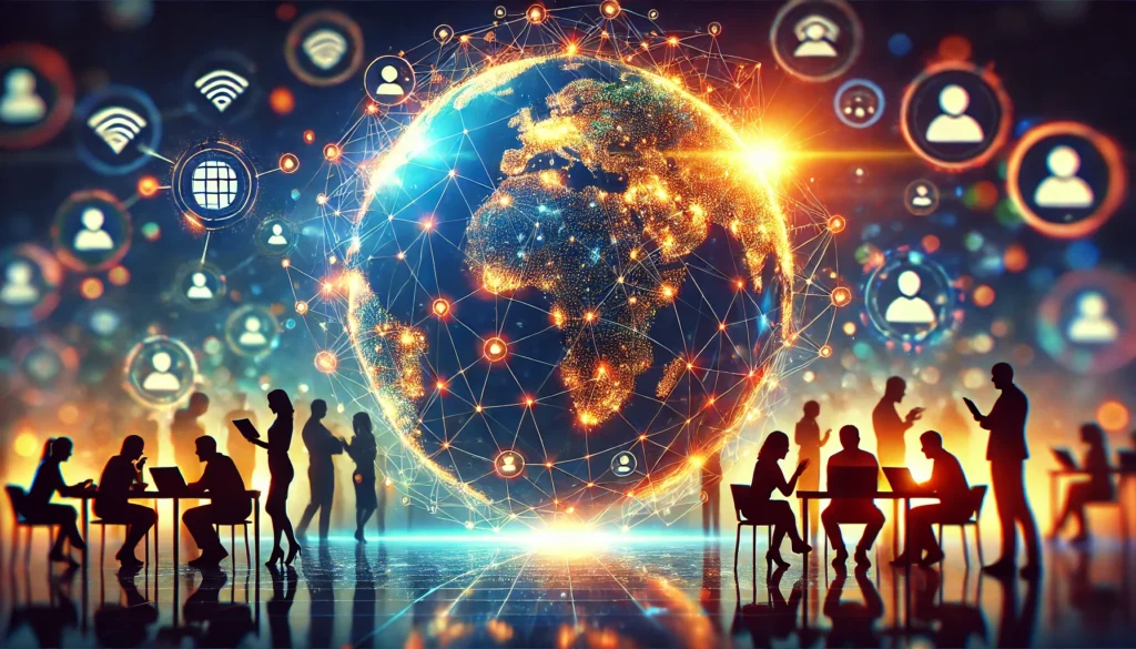 A digital globe composed of interconnected glowing lines and nodes, with silhouettes of people exchanging ideas in the foreground. The image represents global collaboration and idea-sharing within the atomic habits online community.