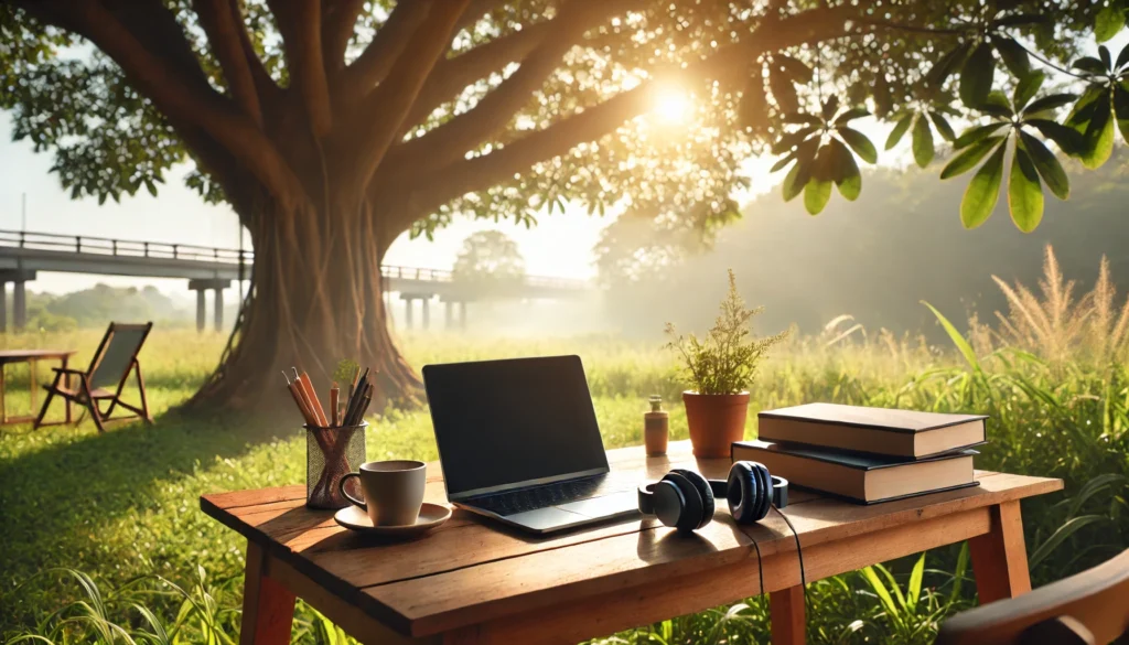 An outdoor study setup featuring a wooden table with a laptop, headphones, and a cup of coffee under a tree's shade. Gentle sunlight filters through the leaves, and a meadow is visible in the background, ideal for relaxing and focused study sessions.