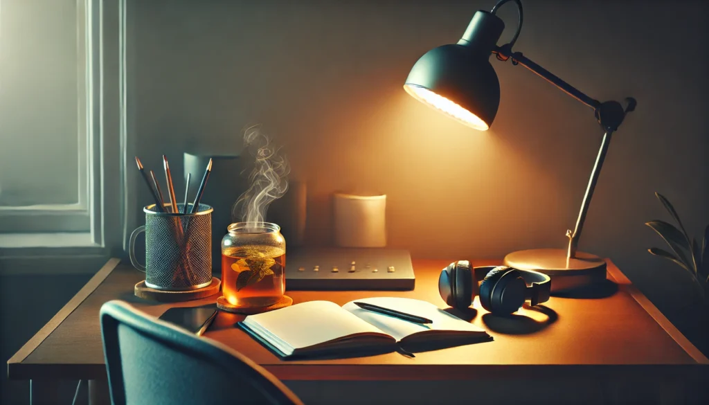 A cozy indoor study corner with a small desk holding a pair of headphones, a glowing desk lamp, and an open notebook beside a steaming cup of herbal tea. The soft ambient lighting and minimalist decor create a tranquil atmosphere for studying with background music.