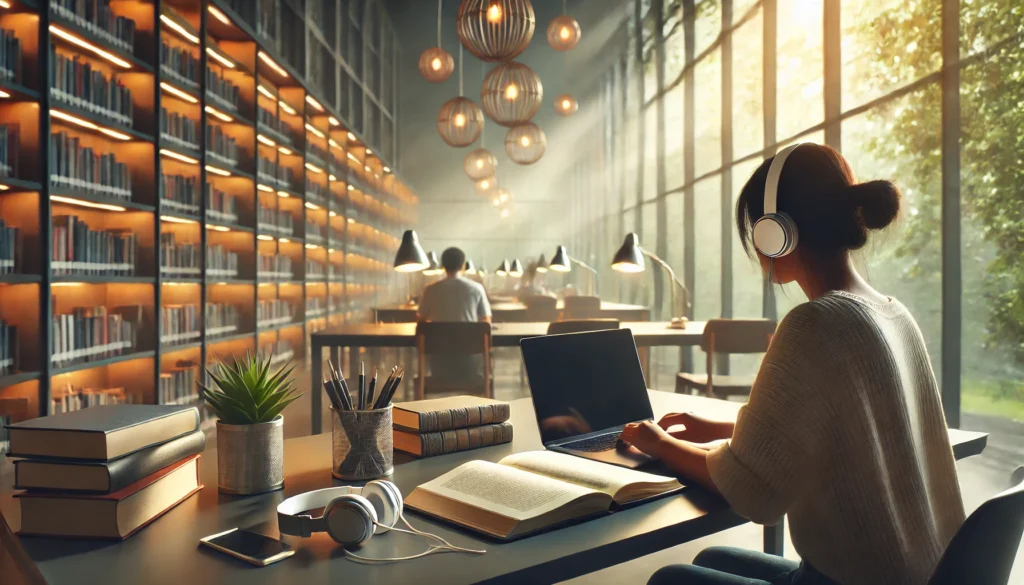 A modern library study scene with a desk holding an open laptop, headphones, and a notebook. The surrounding bookshelves and soft sunlight filtering through large windows provide a peaceful and focused setting for background music-assisted studying.