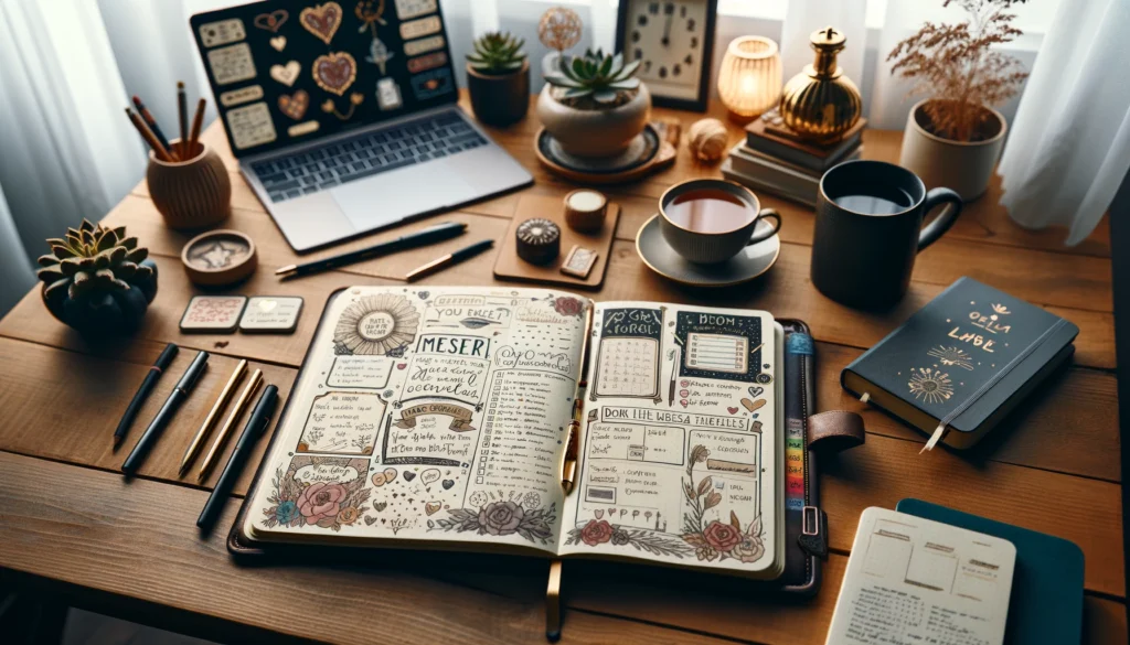 A cozy yet highly productive workspace featuring an open bullet journal-style planner with creative layouts, motivational doodles, and color-coded task lists. The desk setup includes elegant decor, a sleek laptop, and a warm cup of tea, fostering inspiration and efficiency.