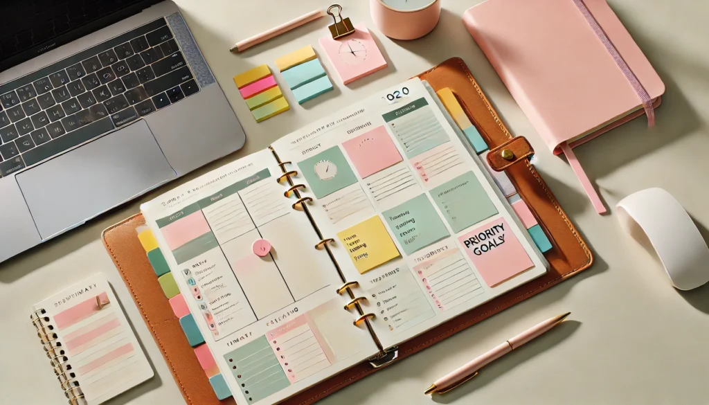 A high-angle shot of a stylish productivity planner with colorful sticky notes, a pen, and a laptop on a clean desk. The planner showcases well-structured sections for daily tasks, time-blocking, and priority goals, illuminated by soft natural lighting.