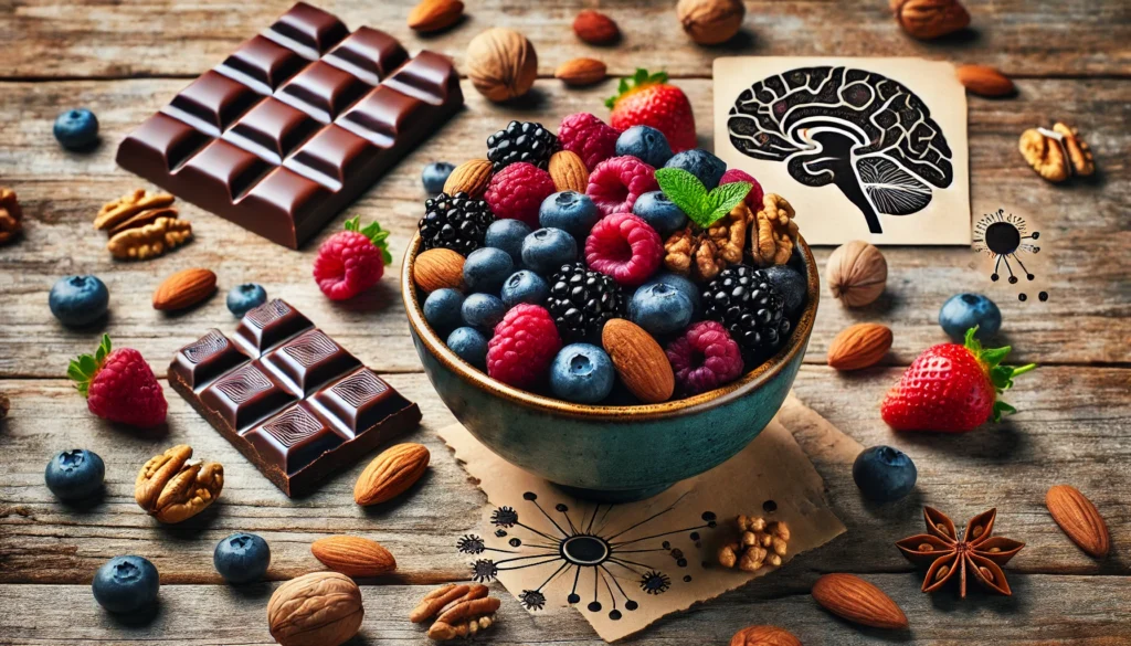 A nutritious breakfast spread featuring a bowl of mixed berries, nuts, and dark chocolate on a rustic wooden table. The image highlights brain-boosting foods that naturally enhance brain cell growth and cognitive function.