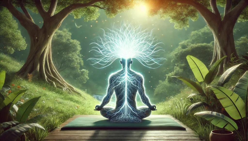 A person meditating in a serene nature setting, with glowing energy lines flowing from their head, symbolizing mental clarity and brain cell regeneration. The lush greenery and peaceful atmosphere highlight the benefits of mindfulness for cognitive health.