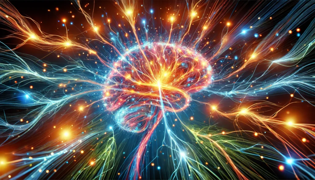 A vibrant artistic visualization of neurons firing with bright electric impulses, forming intricate glowing networks. The image symbolizes the strengthening of neural pathways for improved memory and cognitive function.
