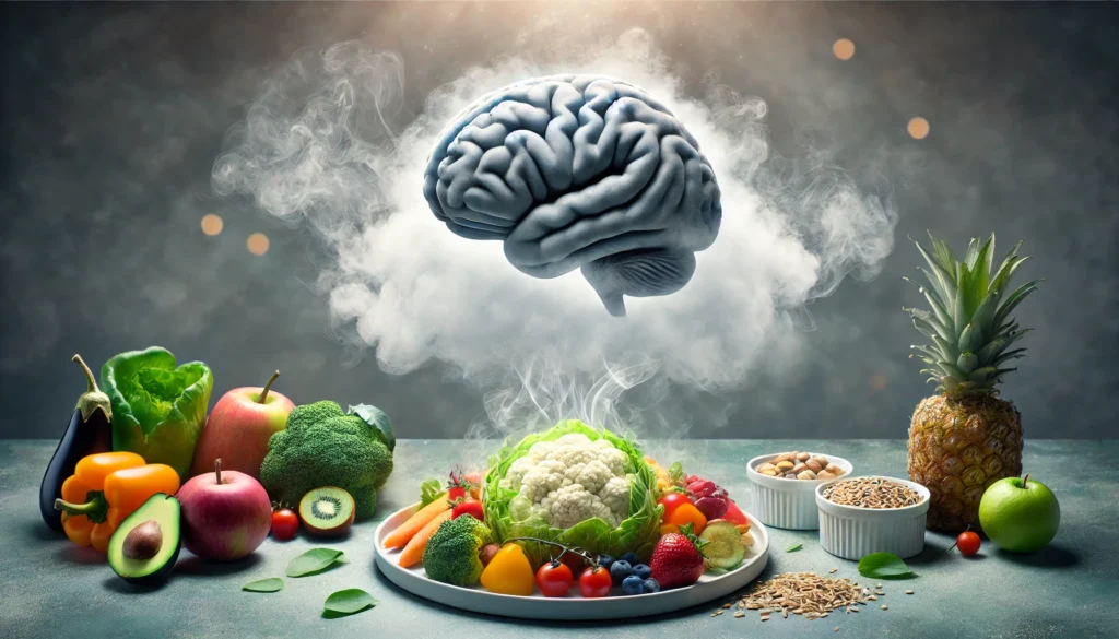 A conceptual image of a misty human brain hovering above a plate of nutritious food, with fog drifting downward and partially obscuring the meal, symbolizing the connection between diet and cognitive clarity.