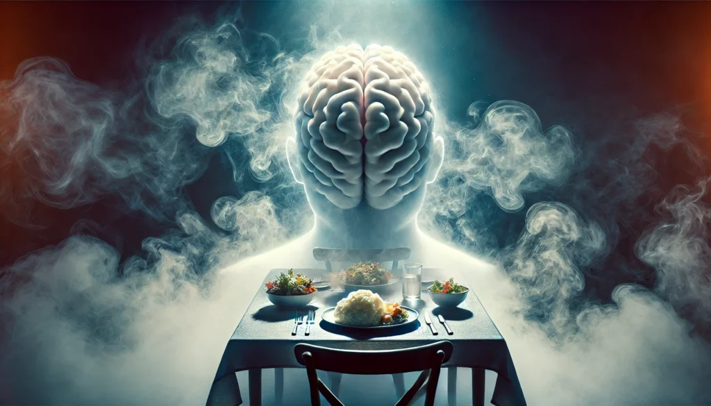 A dreamlike dining table covered with plates of food, enveloped in thick fog. In the background, a translucent, glowing human brain is faintly visible through the mist, symbolizing cognitive fog linked to diet.