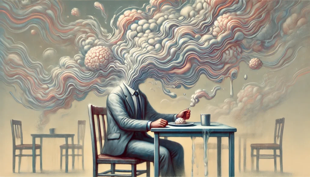 An abstract illustration of brain fog post-meal, featuring a person at a table whose head dissolves into mist. The surroundings appear distorted, with melting shapes and soft lighting reinforcing a sluggish mental state.