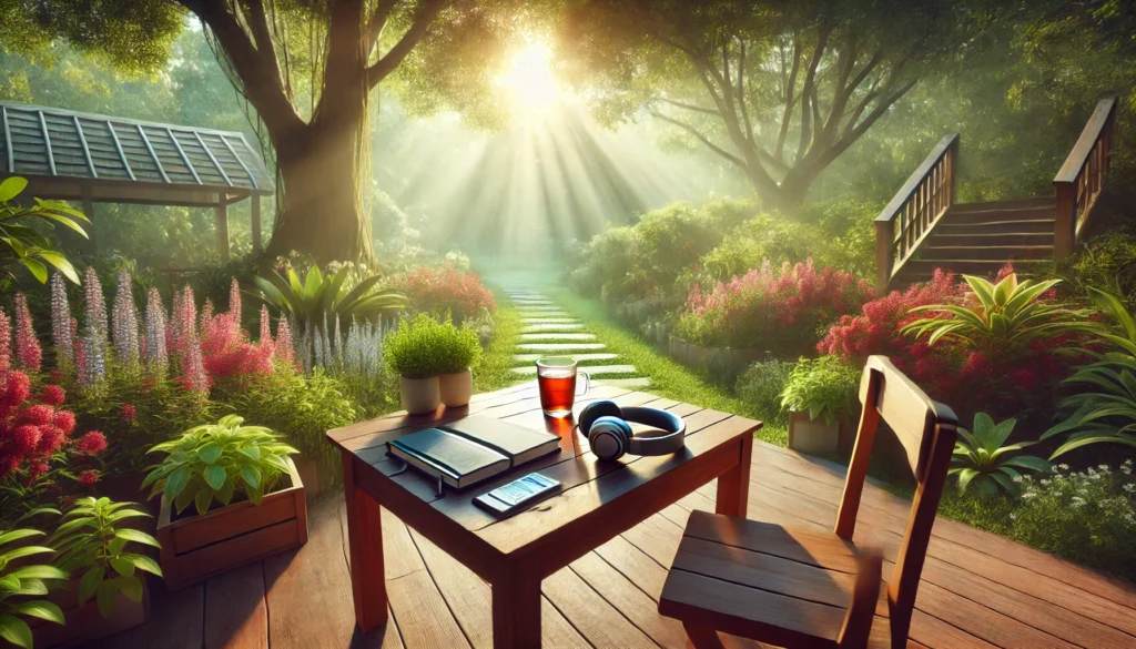 A tranquil outdoor study space featuring a small wooden table with a notebook, headphones, and a cup of herbal tea. The table is surrounded by lush greenery, vibrant flowers, and soft sunlight filtering through the trees, creating an atmosphere of peace and focus ideal for studying with calm music.
