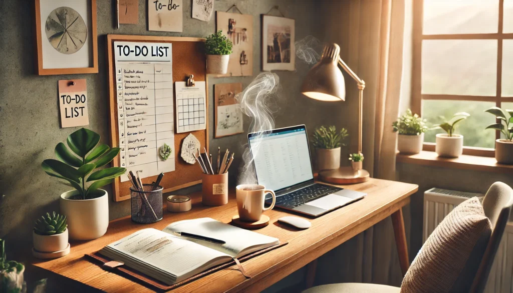A cozy and productive home office scene featuring an open planner with handwritten notes, a pen holder, a laptop, and a steaming mug of tea. A pinboard with motivational notes is set against a wall, with greenery and natural light enhancing the tranquil workspace.