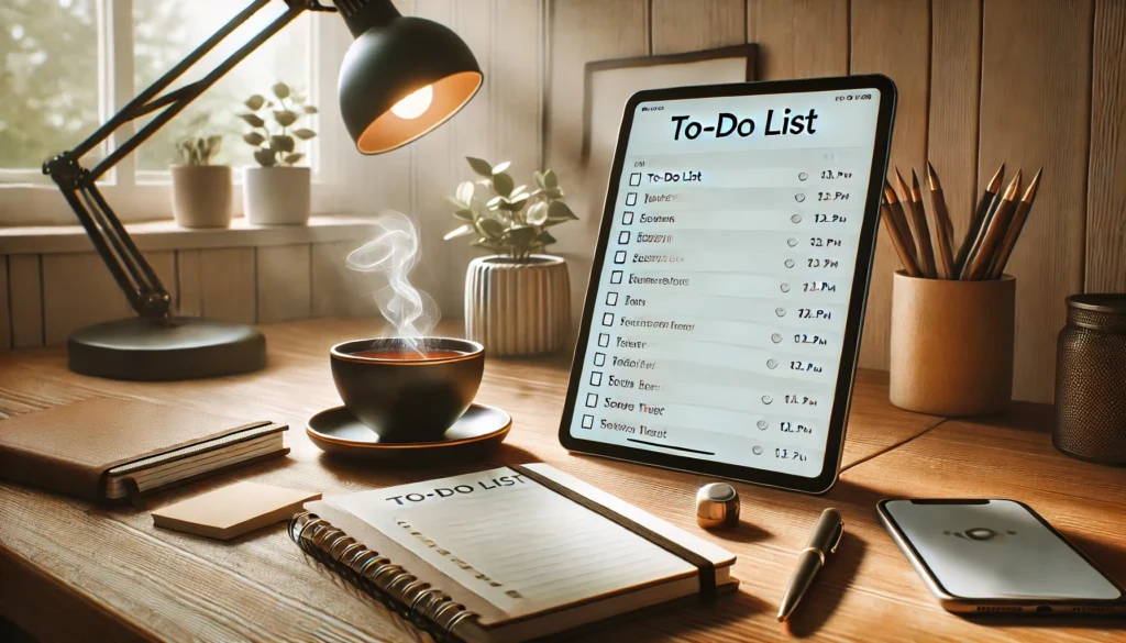 A stylish and organized workspace with a digital to-do list on a modern tablet, accompanied by a sleek notebook, pen, and a steaming cup of tea. The desk is surrounded by warm wooden textures, a cozy lamp, and a touch of greenery, bathed in soft natural light for a focused setting.