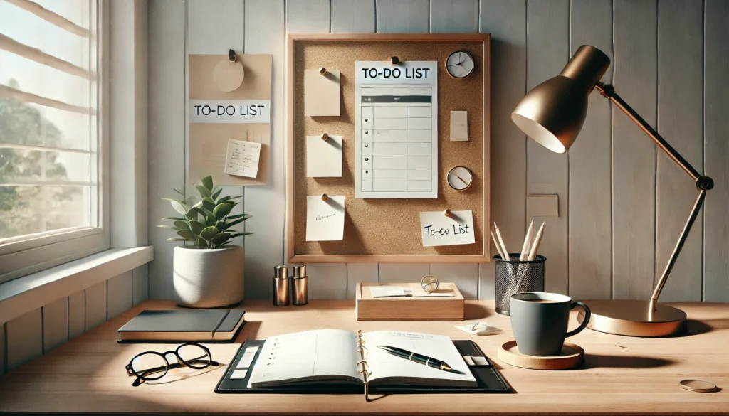 A minimalist home office setup with a corkboard displaying pinned paper notes above a wooden desk. The desk holds a sleek planner, a cup of coffee, and a pair of glasses, illuminated by natural light. The calming decor includes a small potted plant and neutral wooden tones.