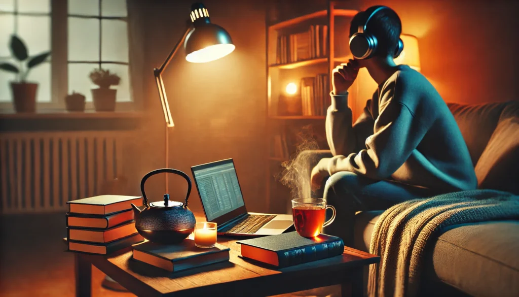 A cozy living room study area featuring a person wearing headphones, a laptop on a coffee table surrounded by books, a steaming cup of tea, and warm ambient lighting from a floor lamp, ideal for studying with calming concentration music.