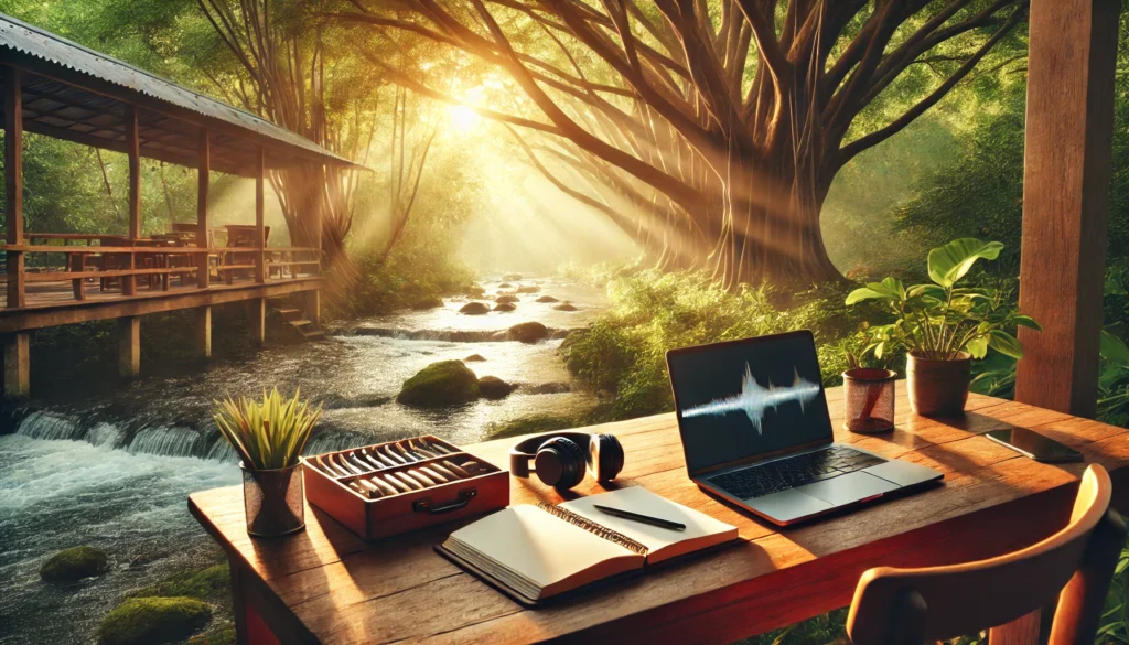 A serene outdoor study setup with a wooden table holding a laptop, headphones, and a notebook under a canopy of trees. Gentle sunlight filters through the leaves, and a calm stream flows in the background, creating an ideal environment for focused concentration.