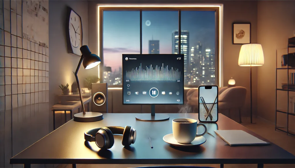 A minimalist modern study room with a desk featuring a pair of headphones, a smartphone displaying a music app, and a cup of coffee. Soft lighting and a large window showcasing a twilight sky provide a relaxing atmosphere for listening to concentration music.