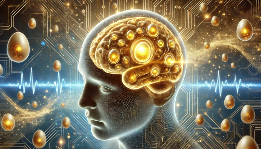 A futuristic conceptual image of a human brain with embedded egg-like structures glowing with light pulses, signifying improved memory and cognitive function. The high-tech background blends blue and gold hues, symbolizing intelligence and nutrition.