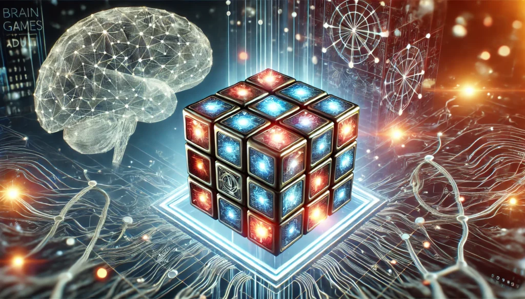 A futuristic Rubik’s cube glowing with patterns, representing problem-solving and cognitive flexibility.