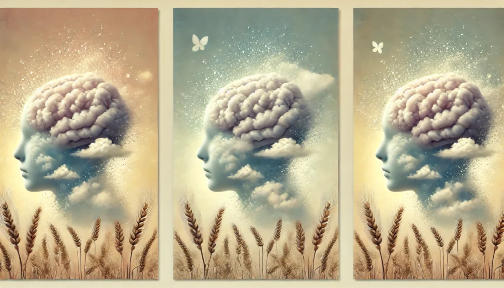 A surreal composition of a human head with a cloud-like brain, enveloped in mist with wheat stalks in the foreground, representing the sensation of brain fog linked to gluten consumption.