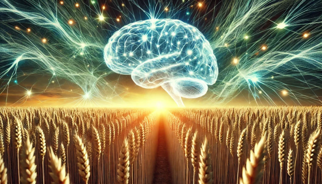 A surreal depiction where a wheat field seamlessly transitions into a glowing neural network, with neuron-like patterns pulsing in the sky, symbolizing the impact of gluten on neurological processes.