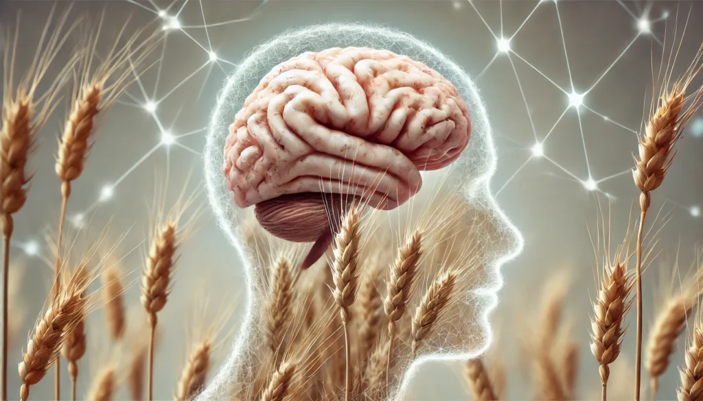 A close-up of a human brain with intricate neural connections subtly blending into wheat fields, where the wheat transforms into neural pathways, visually illustrating the biochemical link between gluten and cognitive function.