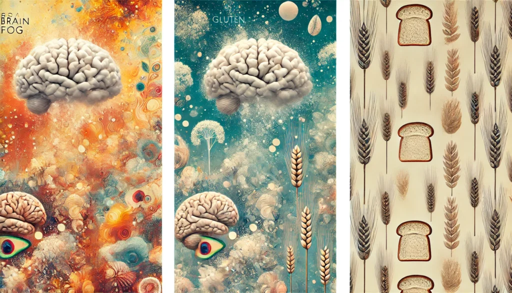 Abstract artwork featuring disoriented brain forms floating in a vibrant, swirling environment with wheat grains, symbolizing the confusion and mental haze associated with gluten sensitivity.