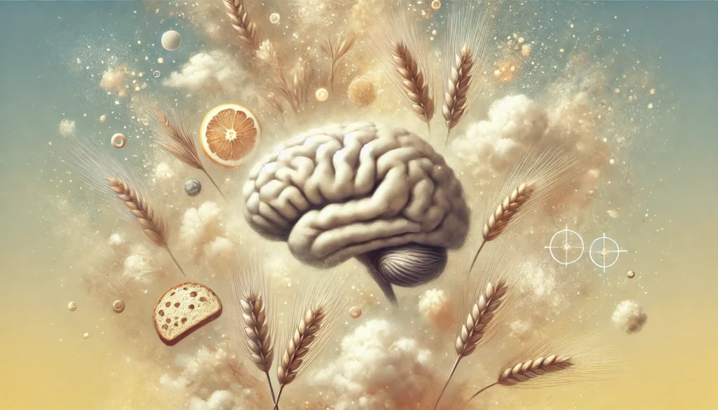 A surreal, floating brain surrounded by soft clouds and wheat stalks in a dreamy, abstract background, symbolizing the mental fog associated with gluten consumption and cognitive haze.