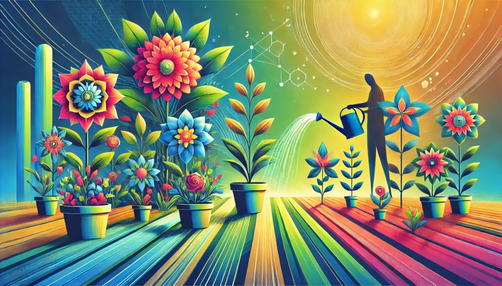 A vibrant garden scene with a person watering blooming flowers, surrounded by colorful plants. The flourishing garden symbolizes the nurturing of good habits and their role in achieving growth and success.