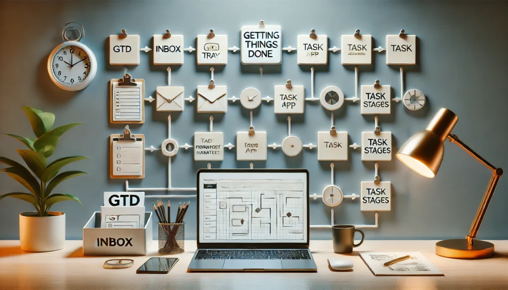 A detailed visualization of a GTD workflow, with a desk displaying a categorized inbox tray, a task management app on a laptop, and sticky notes representing task stages. The workspace is surrounded by modern decor and soft lighting for a productive ambiance.