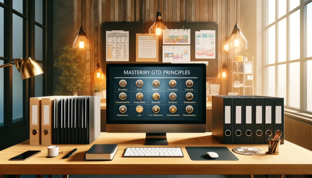An organized desk showcasing GTD principles, with a filing system, a digital calendar on a large screen, and a journal for weekly reviews. The background features warm lighting and natural decor to balance productivity and relaxation.