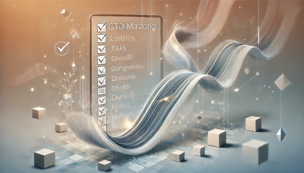 An abstract concept representing GTD mastery, with tasks visually flowing into a structured, glowing checklist. The calming background includes neutral colors and geometric patterns, symbolizing organization and focus.